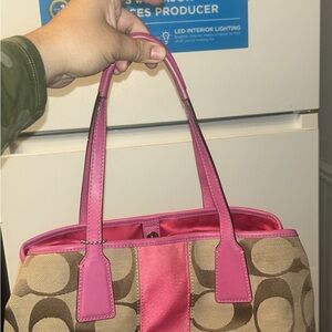 Coach Signature Canvas Tote with Pink Trim and Tan Canvas
